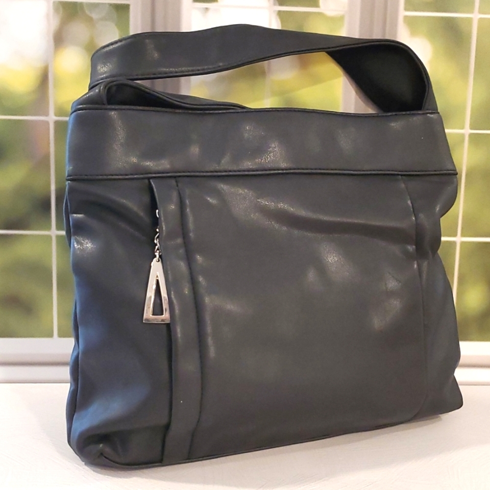 Black faux leather shoulder bag zip pockets